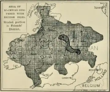 Área de Sichuan en comparación con las islas británicas. La porción sombreada es el distrito de la Asociación de Misiones Extranjeras de los Amigos.