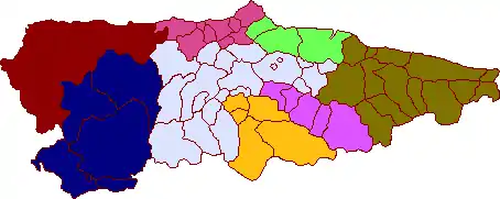 Mapa de Asturias con las áreas sanitarias.