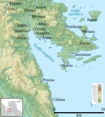 Mapa con algunas de las principales ciudades de la antigua Argólida donde se aprecia la ubicación de Nauplia en la costa del golfo Argólico, llamado también golfo de Nauplia.