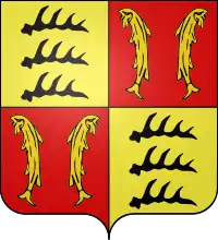 Quartered — I and IV: Or, three stag's antlers sable; II and III: gules, two fishes Or addorsed