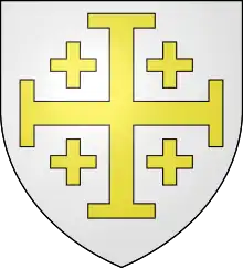 D'argent à la croix de Jérusalem d'or, cantonnée de quatre croisillons du même, qui est du royaume de Jérusalem.