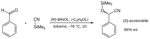 Reacción asimétrica de benzaldehyde con (R)@–Binol@–litio(i-propyloxy) da (S)-acetonitrile con 98% ee