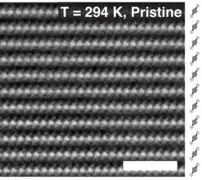 Imagen de resolución atómica de 1T-TaS2 (298 K). Obtenida mediante HAADF STEM. Barra de escala de 2 nm.