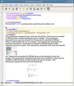AUCTeX funcionando en el editor Emacs.
