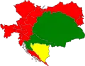 La «doble monarquía» entre 1908 y 1918: una opción trialista de facto: Austria (rojo), Hungría (verde) y Bosnia y Herzegovina (amarillo).