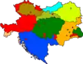 Una opción de nueve entidades: Austria, Bohemia y Moravia, Eslovaquia, Galitzia polaca (azul cielo), Rutenia (verde claro), Hungría, Italoaustria (albaricoque), Reino Sureslavo (englobando Eslovenia, Croacia, Bosnia, Herzegovina y Voivodina) y Rumania-Austria (naranja).