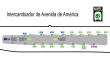 Mapa de la distribución de dársenas del intercambiador de Avenida de América con la distribución de cabeceras de las líneas de autobuses, entre las que aparece la línea 200.