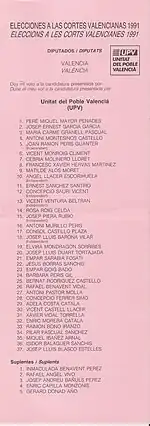 Puesto 32º en la lista por Valencia de UPV a las Corts Valencianes, en 1991.