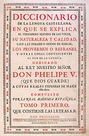 Diccionario de Autoridades, 1726.