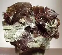 Cristales de axinita (hasta 2.3 cm) en lo alto de una matriz de West Bor Pit en Dalnegorsk, Rusia