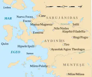 Map of western central Anatolia and the offshore islands, with the main cities of the period and rivers marked