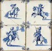 Cuatro azulejos de figura avulsa com cavaleiros, uno de los motivos genéricos más antiguos.