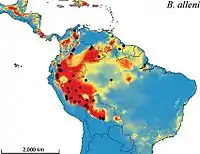 Los puntos negros indican presencia de Bassaricyon alleni.