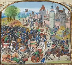 Batalla de Neville's Cross en 1346. Victoria inglesa contra los escoceses.