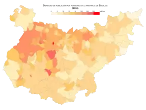 Densidad de población por municipio en 2018