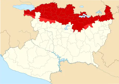      Mapa del Bajío en Michoacán con base en la definición geográfica.     Mapa del Bajío en Michoacán con base en la división política municipal.