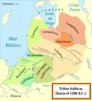 Distribución de los samogitios hacia el año 1200 entre otros pueblos bálticos