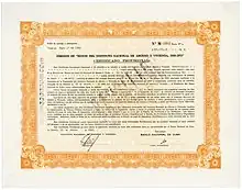 Certificado provisional de un bono del Banco Nacional de Cuba por 300.000,00 pesos, emitido en La Habana el 22 de enero de 1960, firmado en original por Ernesto "Che" Guevara como Presidente del Banco Nacional de Cuba. El bono estaba destinado a financiar la Instituto Nacional de Ahorro y Vivienda (INAV), responsable de gran parte de la construcción de viviendas estatales en Cuba entre 1959 y 1962.