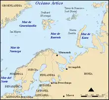 Múrmansk en mapa del mar de Barents