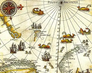 Porción del mapa de 1599 de la exploración del ártico realizada por el explorador neerlandés Willem Barentsz. Spitsbergen, aparece en el mapa (por primera vez) como  Het Nieuwe Land (en neerlandés "la tierra nueva"), en la parte central a la izquierda.