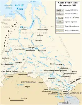 Mapa de la cuenca del Obi donde está Nizhnevártovsk