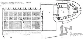 Planta del castillo. Los 26 cuadrados del Jardin de Haut creados por Pacello da Mercogliano a partir de marzo de 1506, entre ellos dos laberintos vegetales