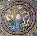 Baptisterio arriano, Rávena, mosaico del siglo VI. Una personificación clásica del Jordán asiste a la izquierda.