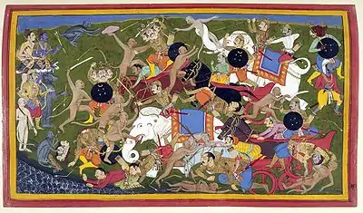 La batalla de Lanka, Ramayana en el Sahibdin. Se observa el ejército de monos del protagonista Rama (arriba izq, figura azul) peleando con Ravana—el rey demonio de Lanka—para salvar a Sita la esposa de Rama secuestrada. La pintura representa varios eventos en la batalla contra el general demoníaco Trisiras de tres cabezas, (izq abajo).