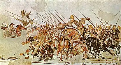 Alejandro Magno representado como vencedor de la batalla de Issos en un mosaico romano que reproduce una pintura griega anterior.