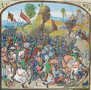 La batalla de Montiel (14 de marzo de 1369) ilustrada en las Crónicas de Jean Froissart.