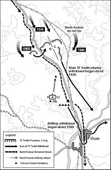 Map of a group of U.S. positions on two hills north of a town, with movements of large Chinese forces moving south and enveloping them