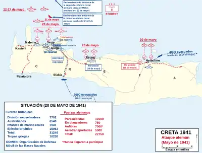 Un mapa de color que da las disposiciones aliadas generales sobre Creta y el plan de ataque alemán general