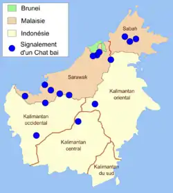 Mapa del rango de distribución en francés. Los puntos azules son registros de actividad de C. badia