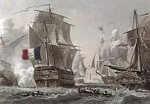 El Formidable de la clase Tonnant se enfrenta a tres barcos ingleses durante la campaña de Algeciras. Lienzo de Antoine Léon Morel-Fatio