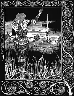 Ilustración de Aubrey Beardsley para Le Morte d'Arthur de Malory. Bedivere hace entrega de Excalibur a la Dama del Lago cuando el Rey está muriéndose.