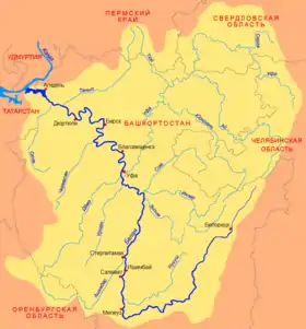 Mapa en ruso del río Belaya, que forma un corto tramo de su frontera noreste, con Baskortostán