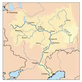 Mapa del río Volga en el que aparece Ufá, a la orilla del Bélaya, afluente del Kama, su principal afluente