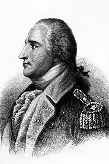 A head and shoulders profile engraving of Arnold.  He is facing left, wearing a uniform with two stars on the shoulder epaulet.  His hair is tied back.