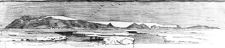 Dibujo de isla de Bennett, descubierta al norte de Siberia por la expedición de la USS Jeannette, en julio de 1881