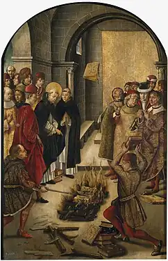 El milagro de Fanjeaux o La prueba de fuego (los libros de los albigenses arden, mientras que el de Santo Domingo de Guzmán no). Cuadro de Pedro Berruguete, ca. 1495.