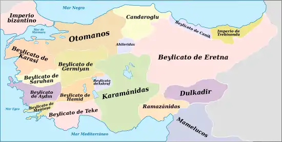 Map of Anatolia with various principalities in different colours, labelled in Turkish