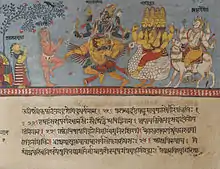 An old-looking paper manuscript page with Sanskrit text and colorful illustrations