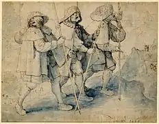 Dibujo (sanguina y tinta) de Pieter Bruegel el Viejo (1566). En lo alto de la vara del peregrino de la derecha se aprecia una calabacilla.