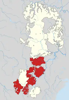 El parque nacional Montañas Azules, en rojo, como parte de la Región de las Montañas Azules, Patrimonio de la Humanidad