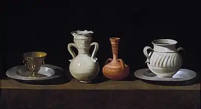 Zurbarán: Bodegón con cacharros (hacia 1630). Dos piezas de fina loza sevillana. Museo del Prado.