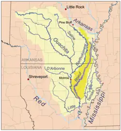 Cuenca del río Ouachita; en amarillo, el río Boeuf, uno de sus afluentes