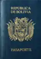 Pasaporte boliviano década 2000 de pasta azul donde se muestra solamente el nombre del país en el título.