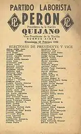 Boleta del Partido Laborista con la fórmula Perón-Quijano.