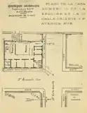 Plano de la casa de Luz Castañeda en la esquina opuesta de la Escuela Facultativa de Derecho y Notariado del Centro.  Allí también se encontró una mina activada. Grabado de Enrique Invernisio en La Locomotora.