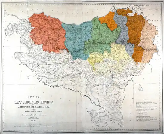 Carte des sept provinces basques (mapa de los dialectos vascos).